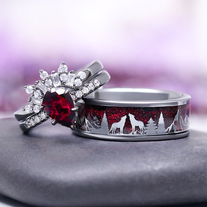 Starry Night, Trees & Wolfs Wedding Band- 8MM Tungsten (Vampire Inspired) by Aquamarise features a two-tone tungsten band with detailed wolf and tree silhouettes against a deep red galaxy sandstone inlay, part of Men’s Wedding Bands and Starry Night™ Rings collections.
