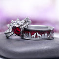 Starry Night, Trees & Wolfs Wedding Band- 8MM Tungsten (Vampire Inspired) by Aquamarise features a two-tone tungsten band with detailed wolf and tree silhouettes against a deep red galaxy sandstone inlay, part of Men’s Wedding Bands and Starry Night™ Rings collections.