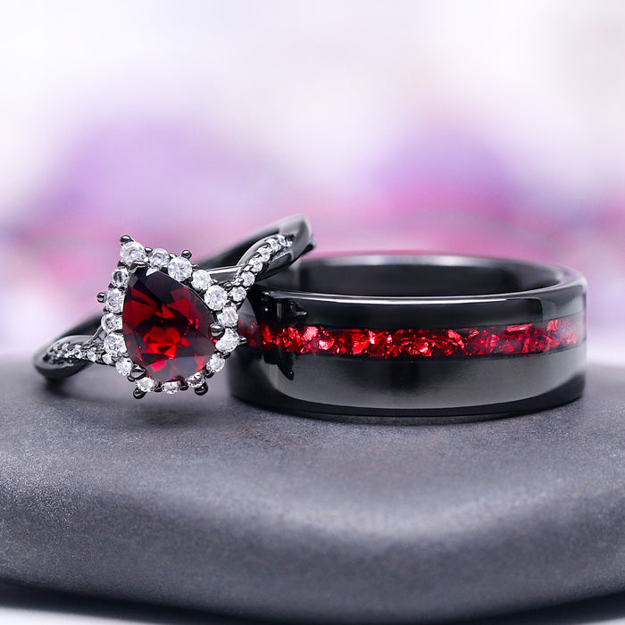 Briar Natural Red Garnet Couples Ring Set by Aquamarise featuring a red garnet center stone ring with diamond accents and a black band with crushed garnet inlay, perfect matching couples rings.