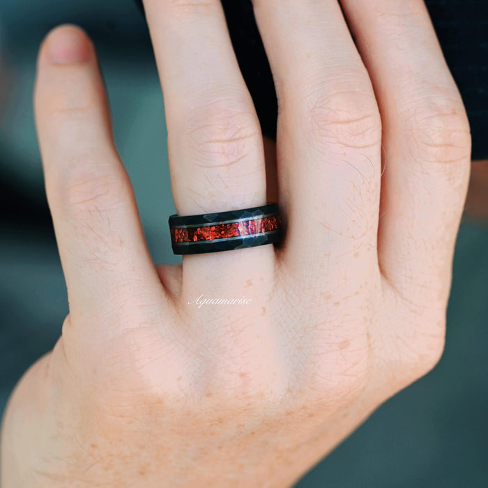 Red Garnet Wedding Band in Two Tone Tungsten Carbide (8mm) by Aquamarise featuring a black band with crushed red garnet inlay worn on a hand, perfect for men's wedding bands and birthstone jewelry.