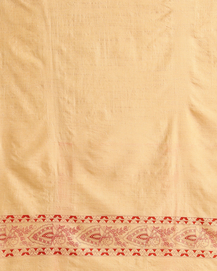 Red Katan silk unstitched suit set hand block printed with cream peacocks and floral vines in an all-over repeat, with a fringed dupatta and a horizontal patterned band on the bottom piece.