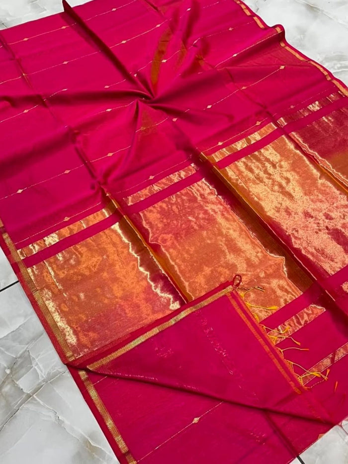 Magenta-red Maheshwari silk saree with small zari buta and a wide golden yellow zari border, handwoven in Maheshwar