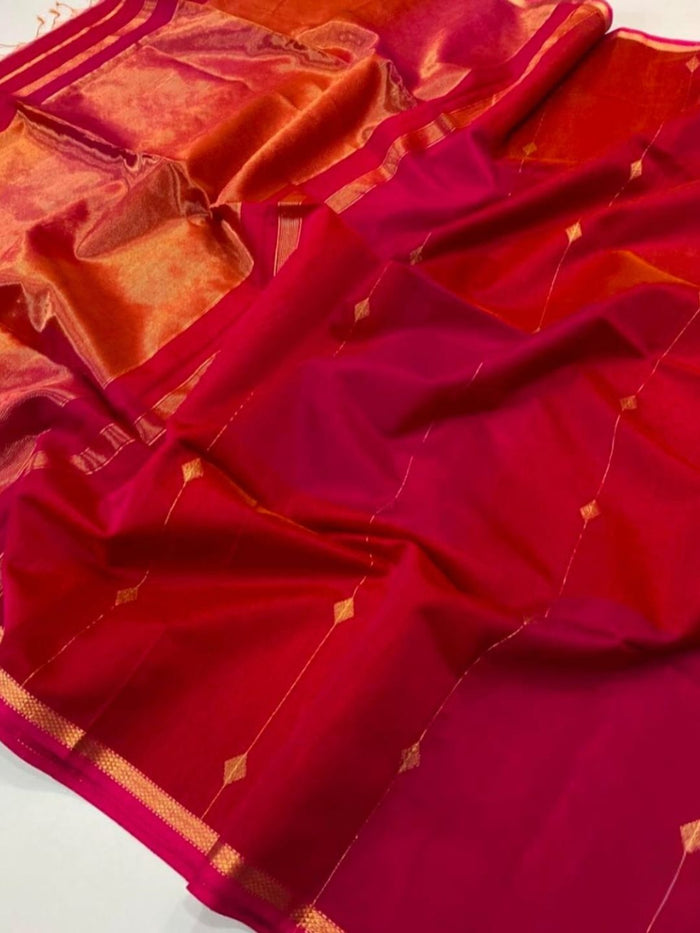 Magenta-red Maheshwari silk saree with small zari buta and a wide golden yellow zari border, handwoven in Maheshwar
