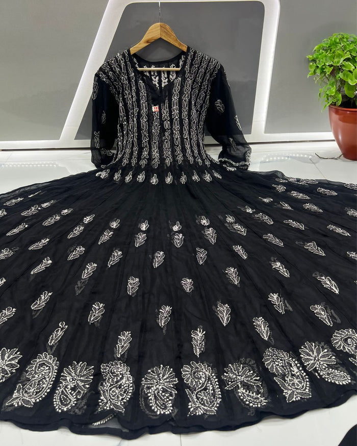 Georgette Anarkali Gown (56 kali) Black Color Chikankari work with inner - IndieHaat