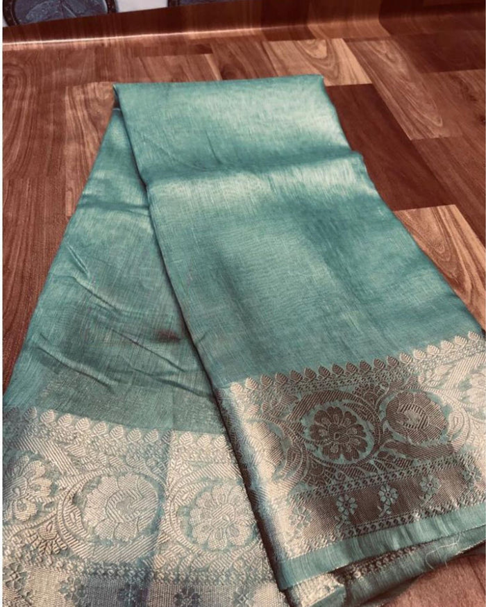 Silk Linen Banarasi Brocade Handloom Winter Green Colour Saree with Blouse-Indiehaat
