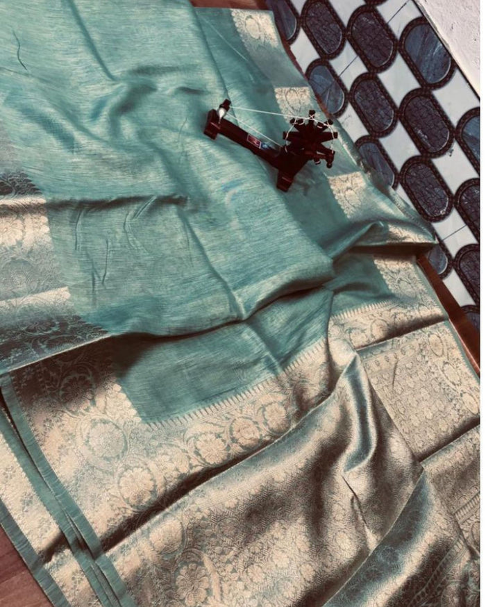 Silk Linen Banarasi Brocade Handloom Winter Green Colour Saree with Blouse-Indiehaat