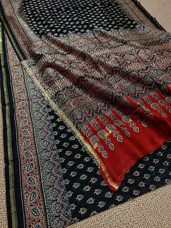 Indiehaat | Ajrakh Printed Chanderi Silk Saree Black | Serenity in Silk