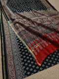 Indiehaat | Ajrakh Printed Chanderi Silk Saree Black | Serenity in Silk