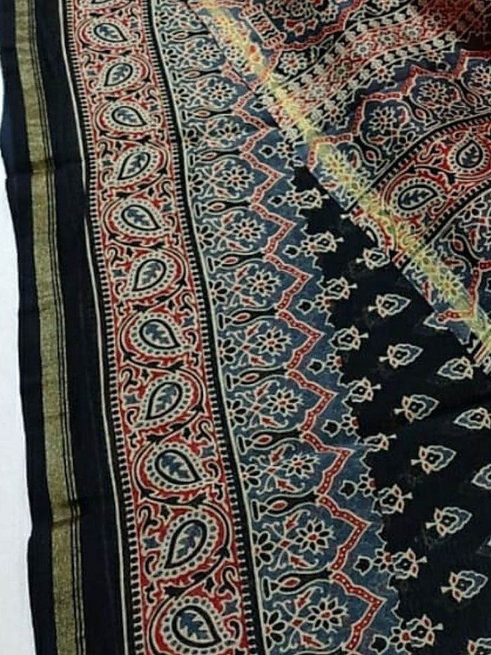 Indiehaat | Ajrakh Printed Chanderi Silk Saree Black | Serenity in Silk
