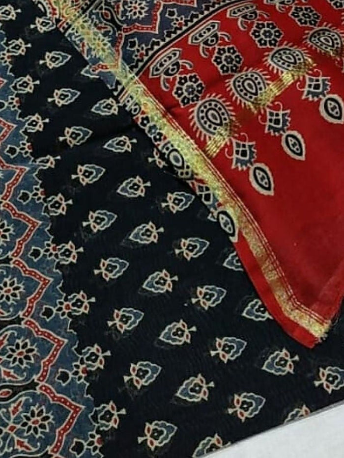 Indiehaat | Ajrakh Printed Chanderi Silk Saree Black | Serenity in Silk