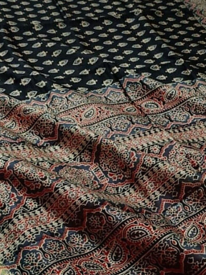Indiehaat | Ajrakh Printed Chanderi Silk Saree Black | Serenity in Silk