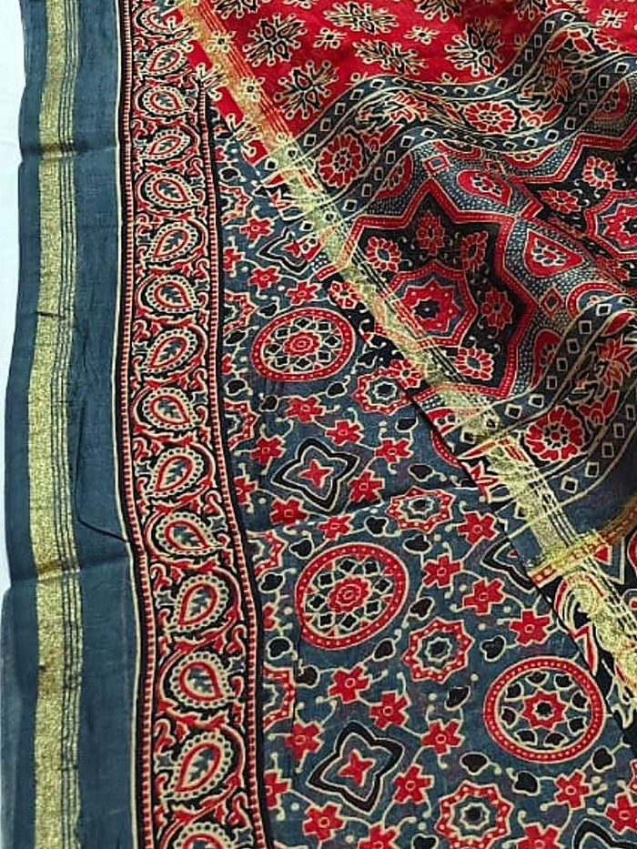 Indiehaat | Ajrakh Printed Chanderi Silk Saree Blue | Serenity in Silk
