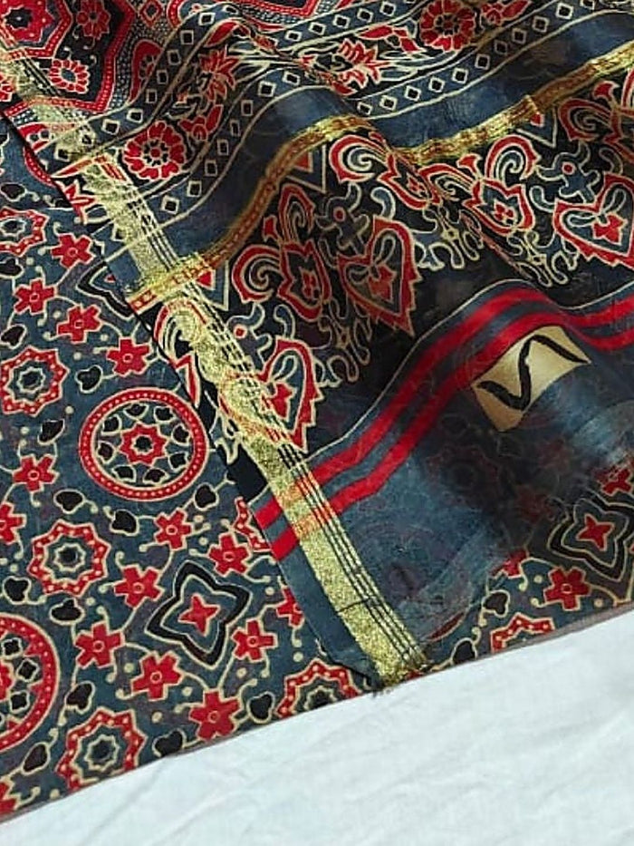 Indiehaat | Ajrakh Printed Chanderi Silk Saree Blue | Serenity in Silk
