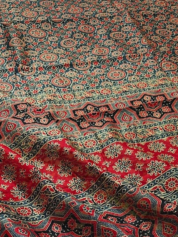 Indiehaat | Ajrakh Printed Chanderi Silk Saree Blue | Serenity in Silk