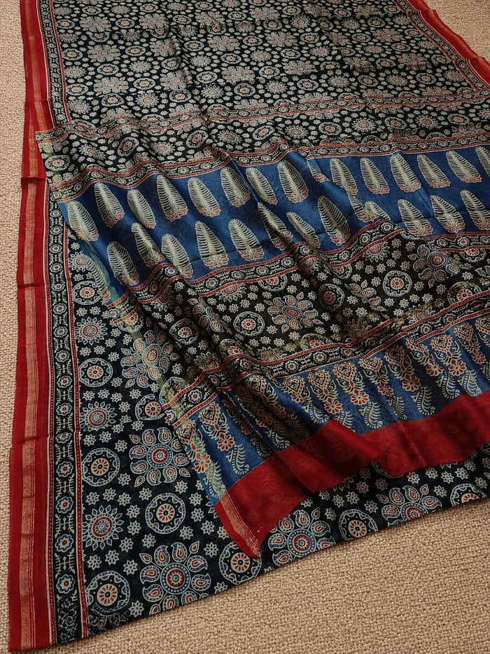 Indiehaat | Ajrakh Printed Chanderi Silk Saree Black | Serenity in Silk
