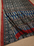 Indiehaat | Ajrakh Printed Chanderi Silk Saree Black | Serenity in Silk