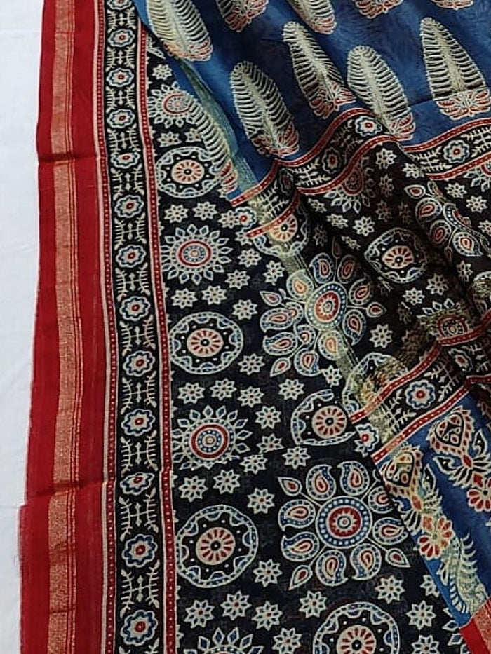 Indiehaat | Ajrakh Printed Chanderi Silk Saree Black | Serenity in Silk