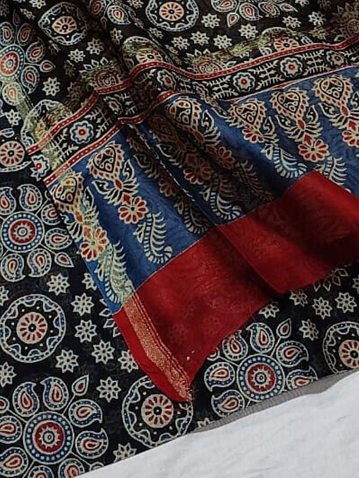 Indiehaat | Ajrakh Printed Chanderi Silk Saree Black | Serenity in Silk