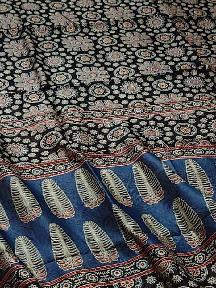 Indiehaat | Ajrakh Printed Chanderi Silk Saree Black | Serenity in Silk