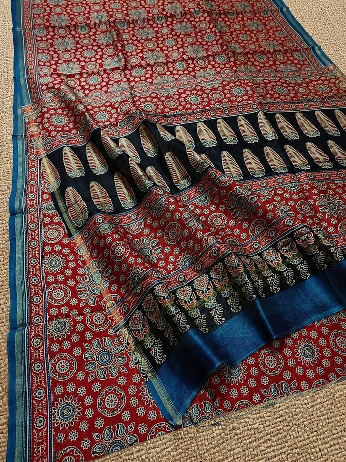 Indiehaat | Ajrakh Printed Chanderi Silk Saree Red | Serenity in Silk