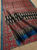 Indiehaat | Ajrakh Printed Chanderi Silk Saree Red | Serenity in Silk