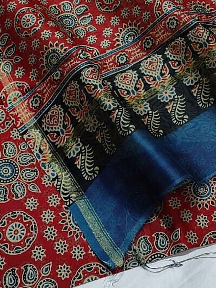 Indiehaat | Ajrakh Printed Chanderi Silk Saree Red | Serenity in Silk