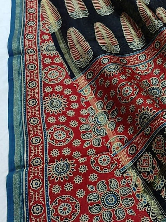 Indiehaat | Ajrakh Printed Chanderi Silk Saree Red | Serenity in Silk