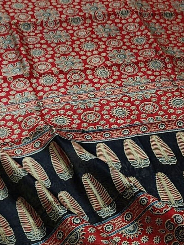 Indiehaat | Ajrakh Printed Chanderi Silk Saree Red | Serenity in Silk