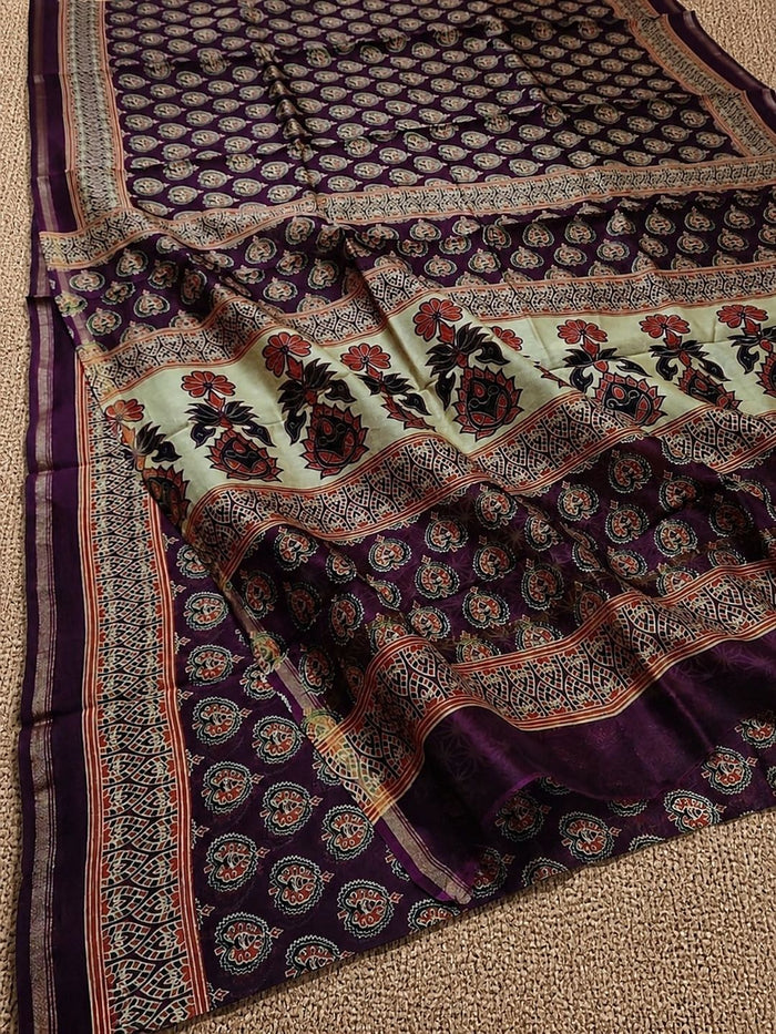 Indiehaat | Ajrakh Printed Chanderi Silk Saree Purple | Serenity in Silk