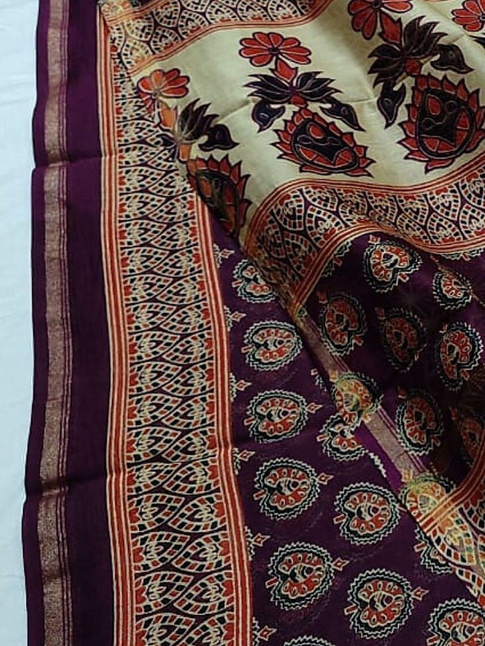 Indiehaat | Ajrakh Printed Chanderi Silk Saree Purple | Serenity in Silk