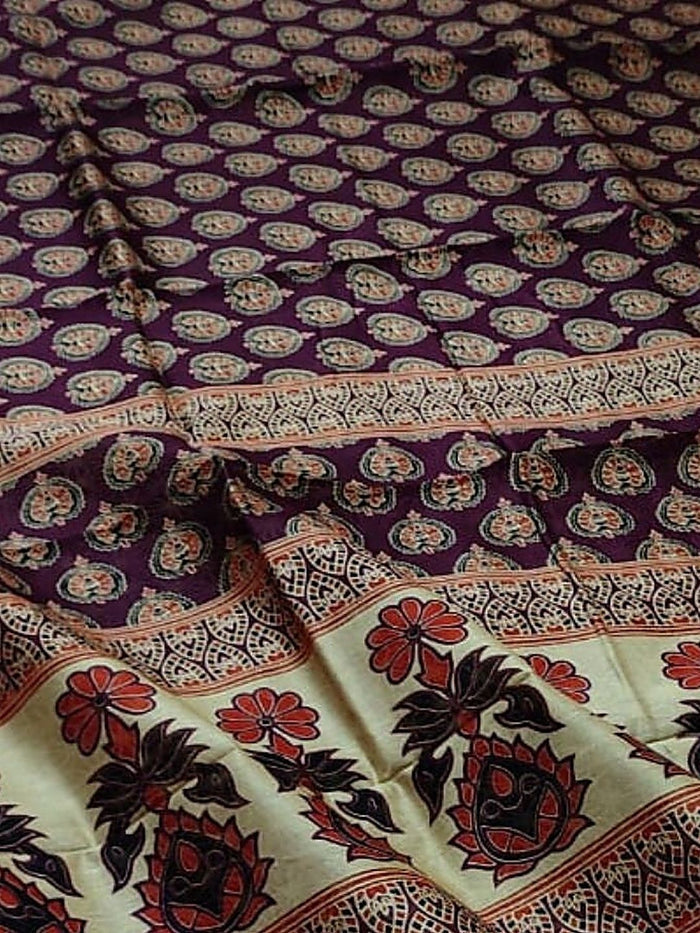 Indiehaat | Ajrakh Printed Chanderi Silk Saree Purple | Serenity in Silk