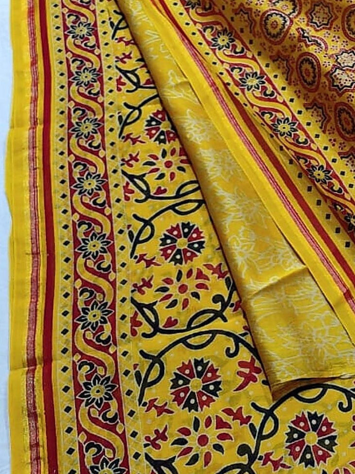 Indiehaat | Ajrakh Printed Chanderi Silk Saree Yellow | Serenity in Silk
