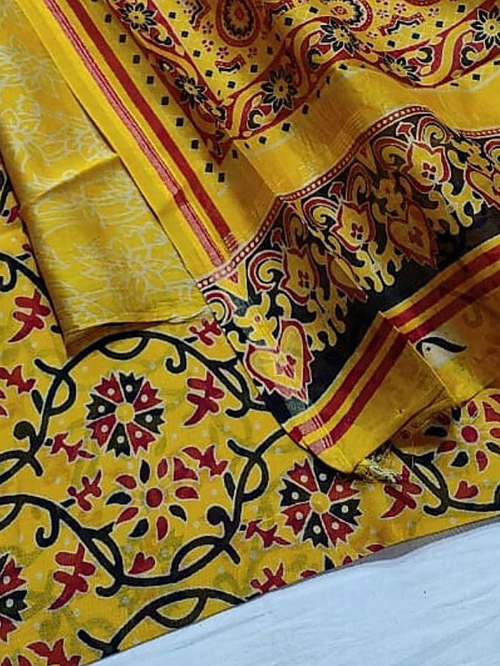 Indiehaat | Ajrakh Printed Chanderi Silk Saree Yellow | Serenity in Silk