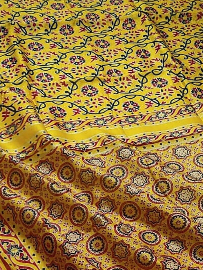 Indiehaat | Ajrakh Printed Chanderi Silk Saree Yellow | Serenity in Silk