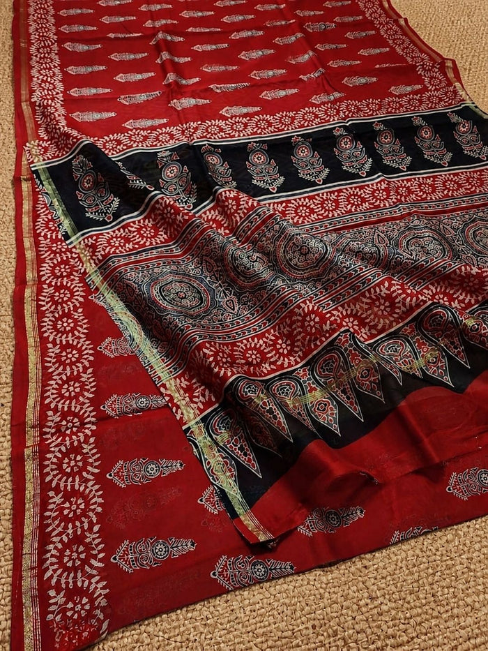 Indiehaat | Ajrakh Printed Chanderi Silk Saree Red | Serenity in Silk
