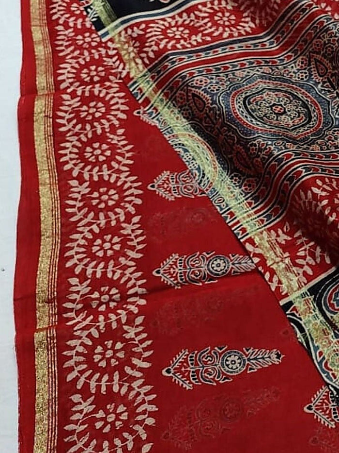 Indiehaat | Ajrakh Printed Chanderi Silk Saree Red | Serenity in Silk