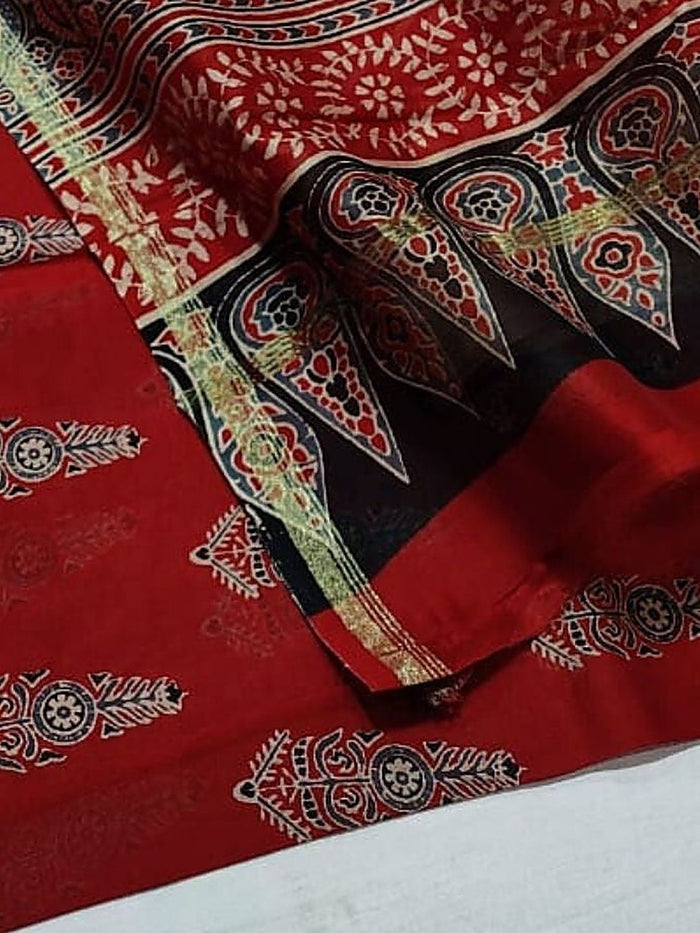 Indiehaat | Ajrakh Printed Chanderi Silk Saree Red | Serenity in Silk