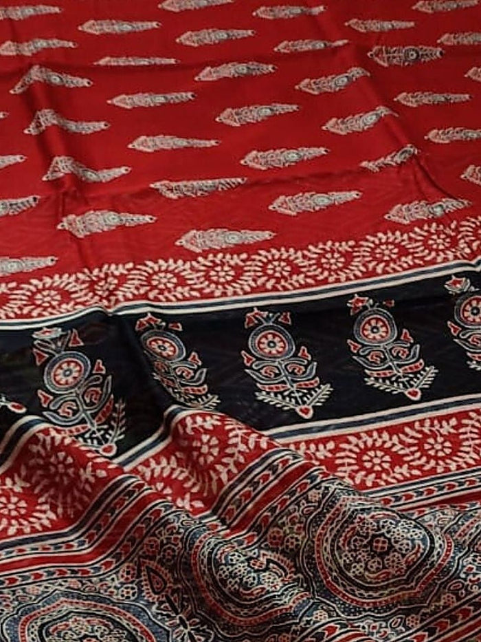 Indiehaat | Ajrakh Printed Chanderi Silk Saree Red | Serenity in Silk