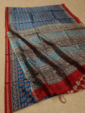 Indiehaat | Ajrakh Printed Chanderi Silk Blue Saree