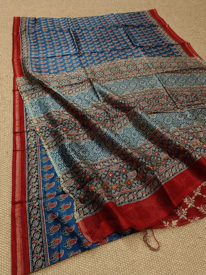 Indiehaat | Ajrakh Printed Chanderi Silk Blue Saree