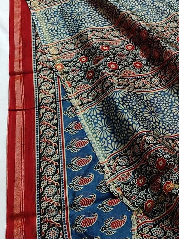 Indiehaat | Ajrakh Printed Chanderi Silk Blue Saree