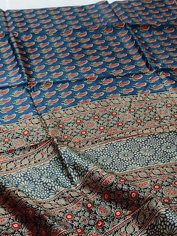 Indiehaat | Ajrakh Printed Chanderi Silk Blue Saree