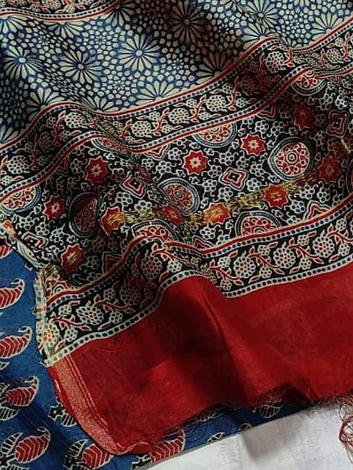 Indiehaat | Ajrakh Printed Chanderi Silk Blue Saree