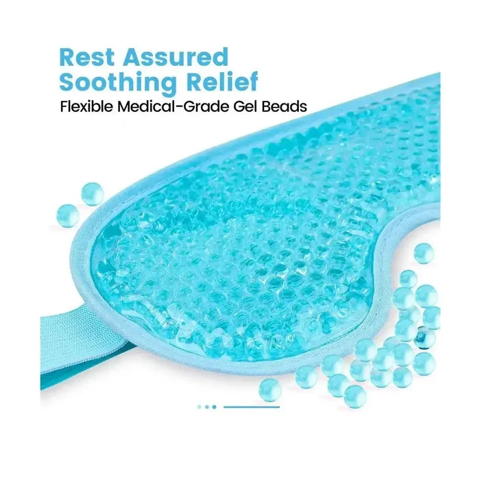 Reusable gel bead eye mask for puffy eyes providing soothing relief and comfort for tired, puffy eyes.