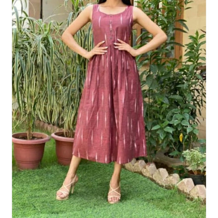 Pure Cotton Maroon Ikkat Handblock Printed Prestitched Dress (Size 34 to 46)-Indiehaat