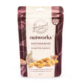 Packaging of Gourmet Nutworks Macadamias with roasted garlic, displaying the product and its name.