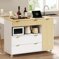 Rolling Kitchen Island with storage cabinets and butcher block top in a modern kitchen