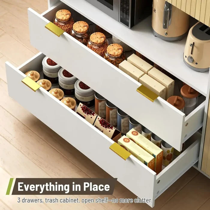 Rolling Kitchen Island drawers open showing storage for utensils and cookware