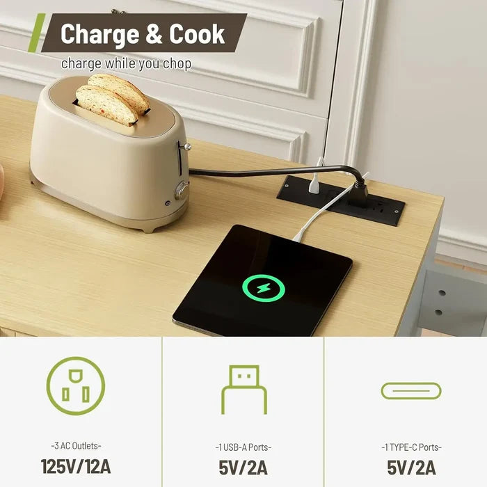 Close-up of the Rolling Kitchen Island's built-in trash bin compartment