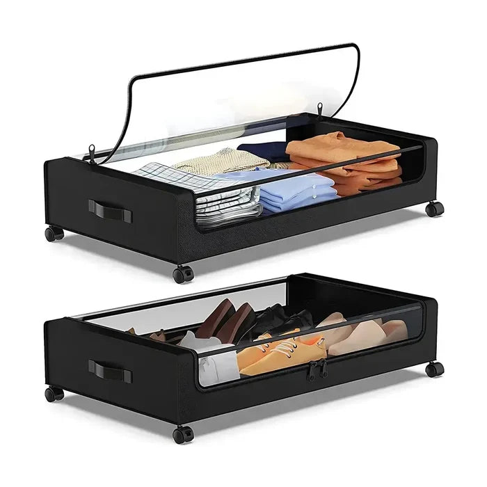 rolling under-bed storage bins with lid in black for clothes and shoes, featuring clear windows and wheels.